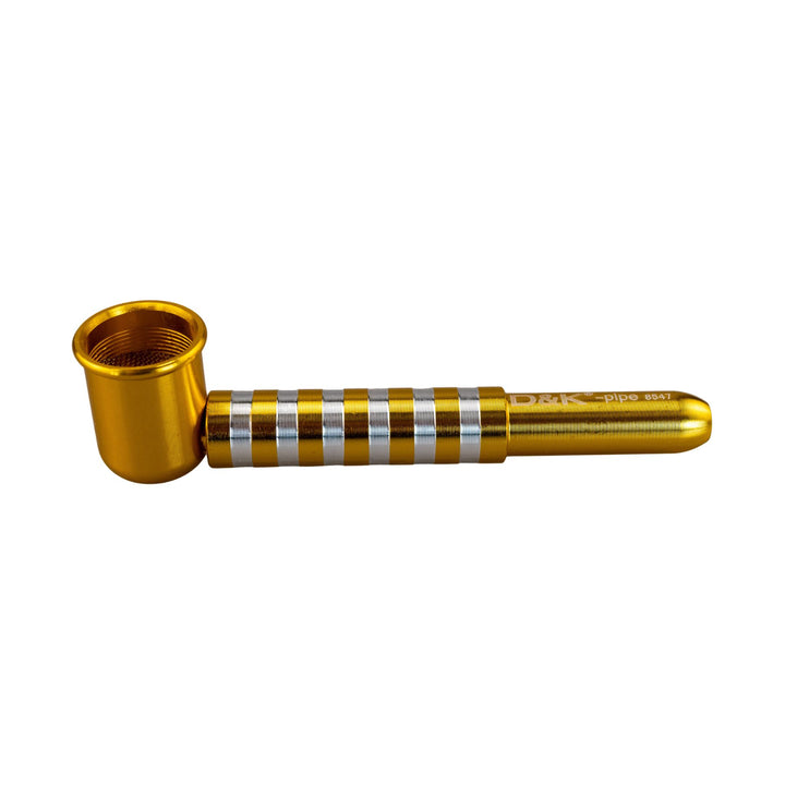 "Left side of a Gold D&K Metal Stripe Pipe on a white background," - Up N Smoke. 