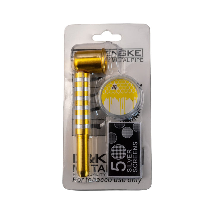 "Top-down view of a Gold D&K Metal Stripe Pipe in its original packaging," - Up N Smoke.
