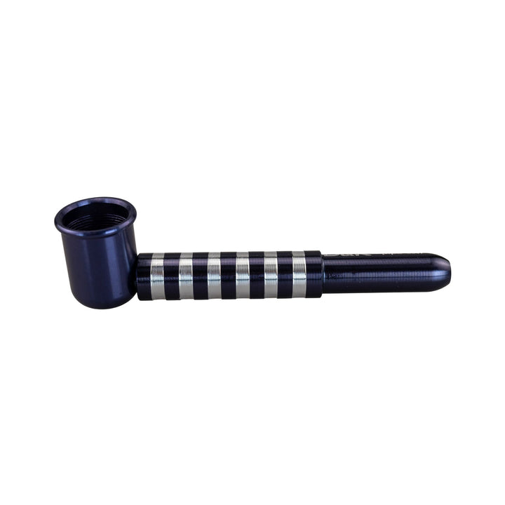 "Left side of an indigo D&K Metal Stripe Pipe on a white background," - Up N Smoke.