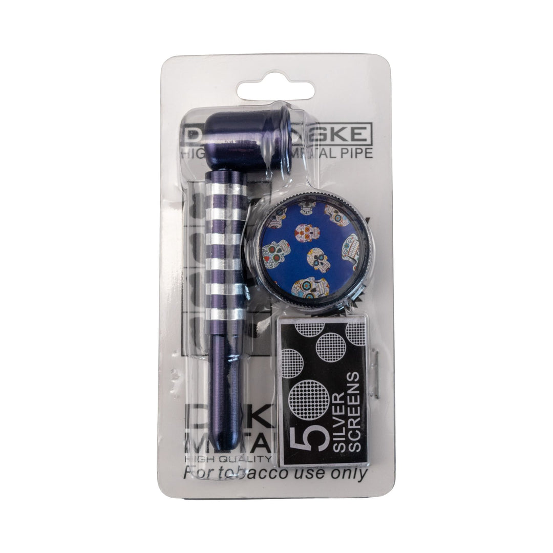 "Top-down view of an indigo D&K Metal Stripe Pipe in its original packaging," - Up N Smoke.