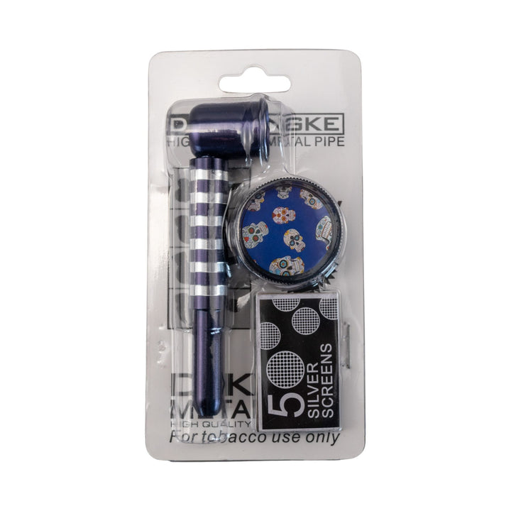 "Top-down view of an indigo D&K Metal Stripe Pipe in its original packaging," - Up N Smoke.