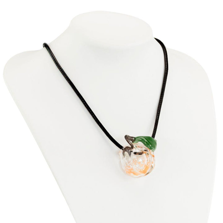 Dalik Glass Pumpkin Pendant displayed on a white background inluding necklace - Up N Smoke