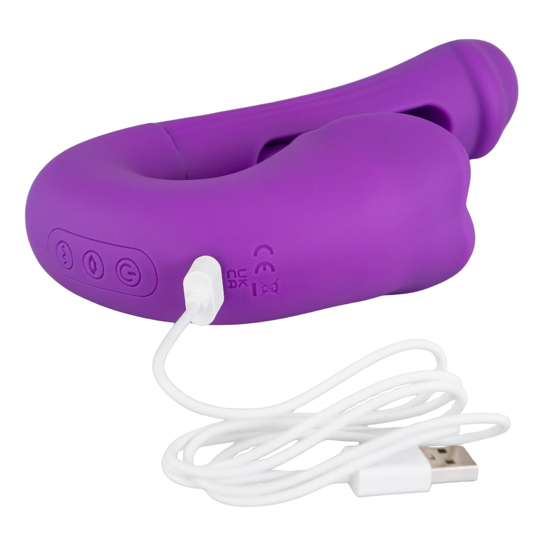 Dildo Vibrator with Tongue displayed on a white background charging - Up N Smoke