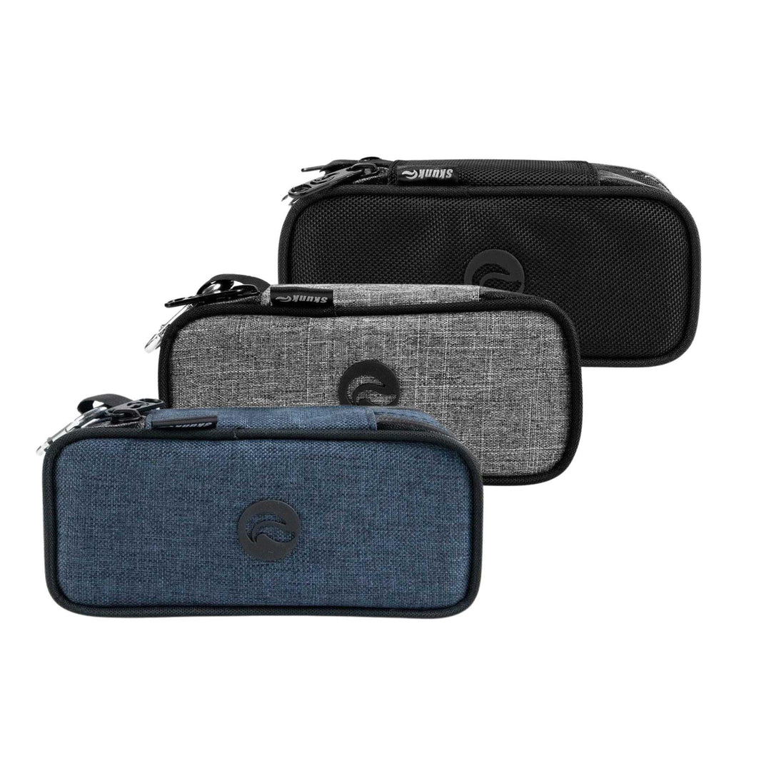 "Studio photograph of three Domino Smell-Proof Bags made by SK9. This item is available in denim navy, gray and black." - Up N Smoke.