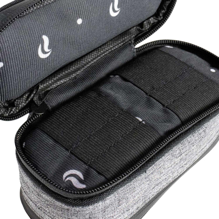 "A small gray Domino Smell-Proof Bag is open to show the pocket where you are to store your smoke session tools." - Up N Smoke.