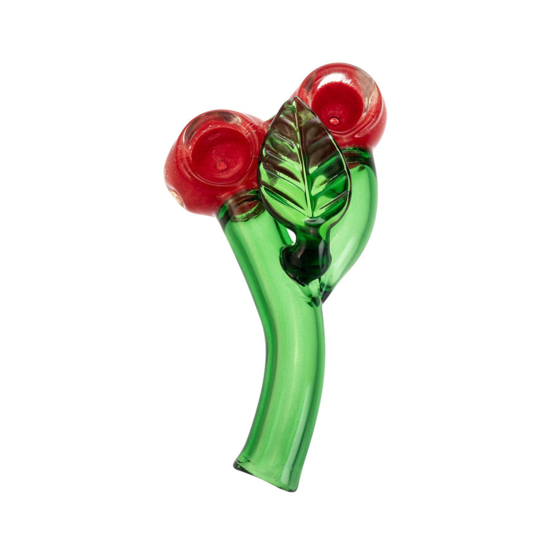 "A 5.5-inch glass hand pipe in the shape of two red cherries with green stems. Both cherries function as part of the pipe, and the carb is located on the left, combining fun design with functionality." - Up N Smoke.