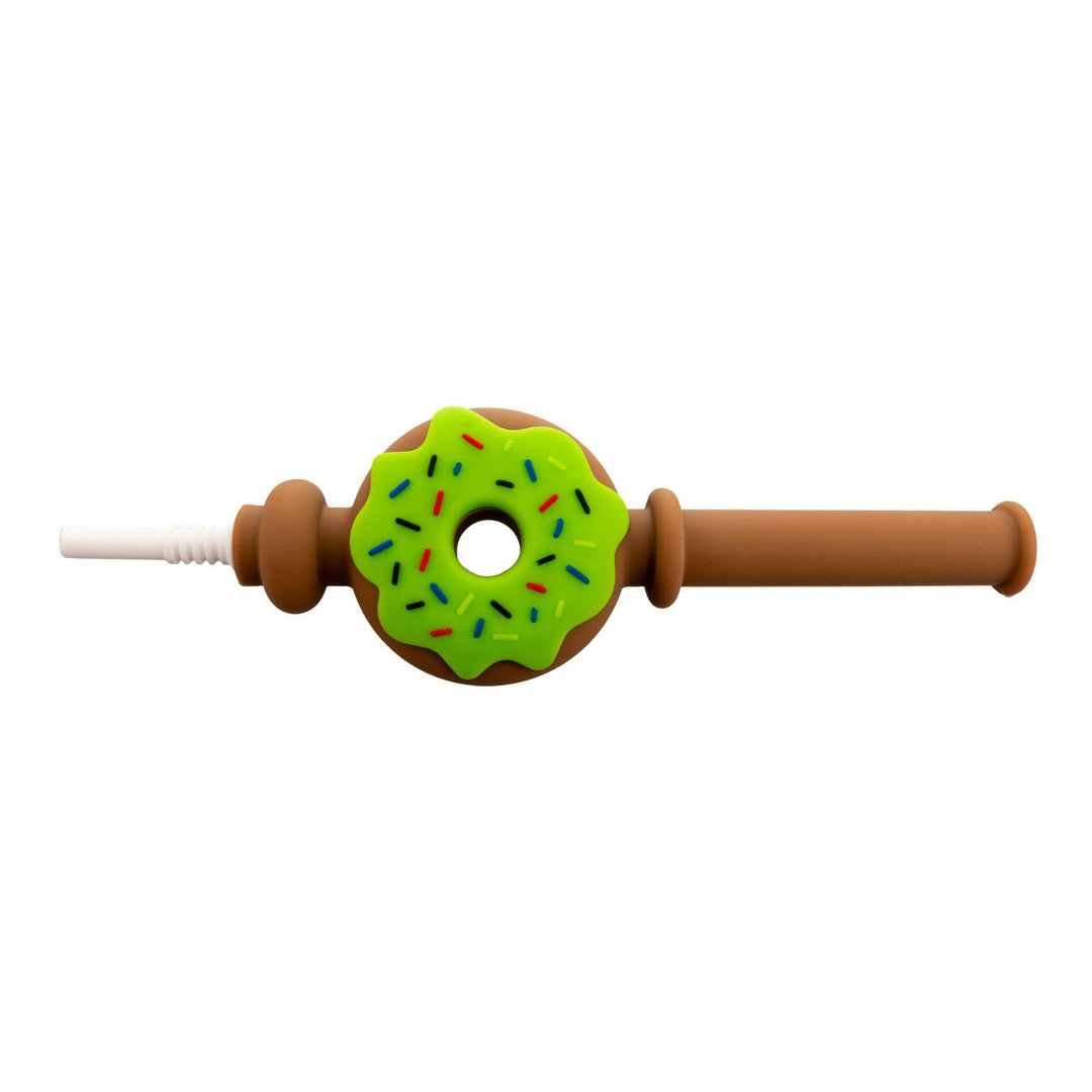 "Green and brown Doughnut Silicone Nectar Collector with a ceramic tip on a white background," - Up N Smoke.