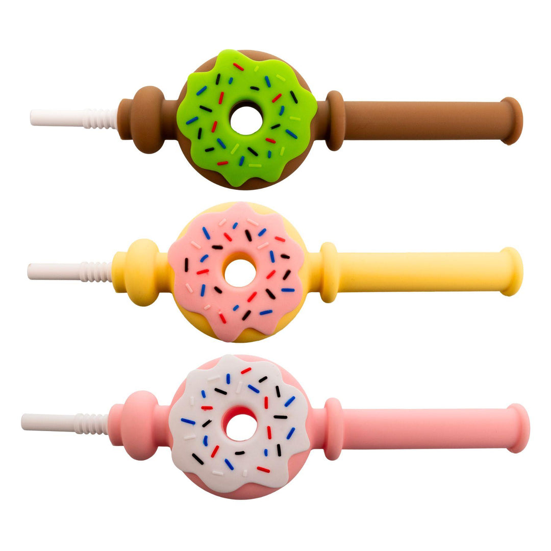 "Group of three Doughnut Silicone Nectar Collectors on a white background," - Up N Smoke.