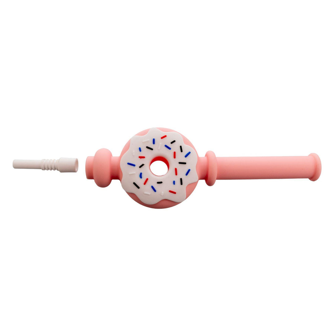 "Pink and white Doughnut Nectar Collector with the ceramic tip separate on a white background," - Up N Smoke.