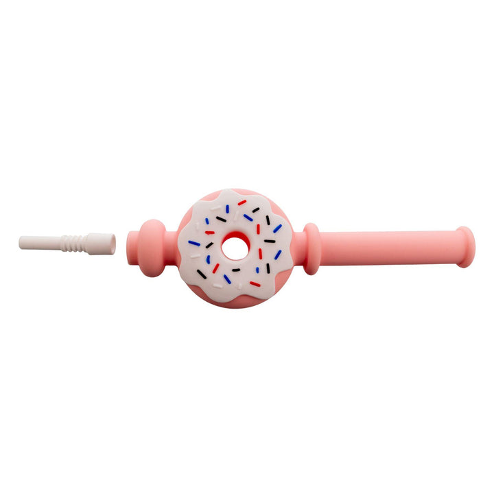 "Pink and white Doughnut Nectar Collector with the ceramic tip separate on a white background," - Up N Smoke.