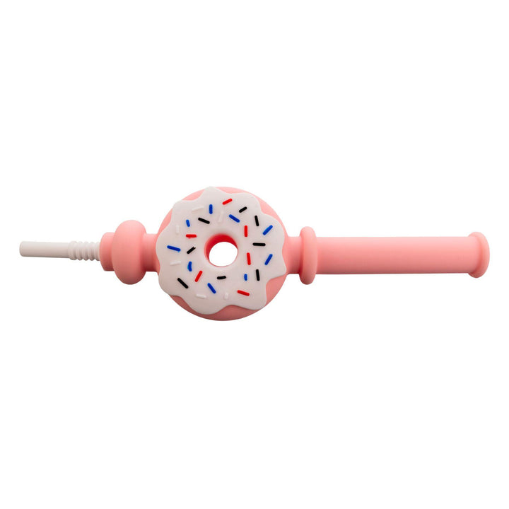 "Pink and white Doughnut Silicone Nectar Collector on a white background," - Up N Smoke.