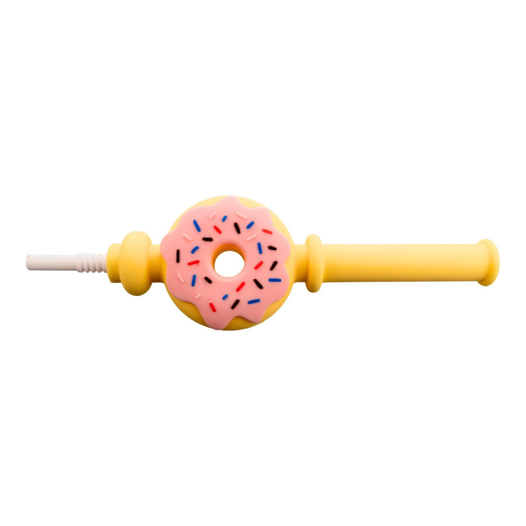 "Pink and yellow Doughnut Silicone Nectar Collector on a white background," - Up N Smoke.
