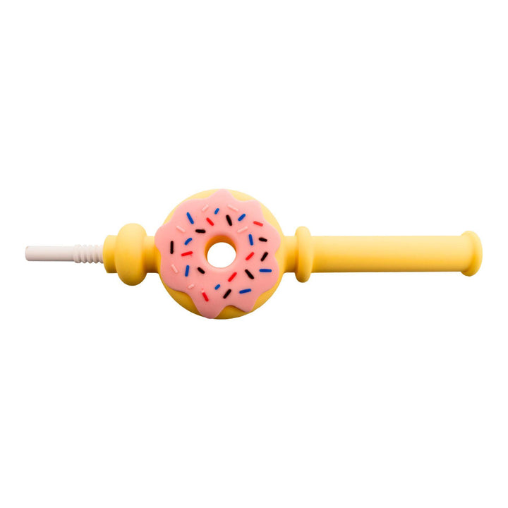 "Pink and yellow Doughnut Silicone Nectar Collector on a white background," - Up N Smoke.