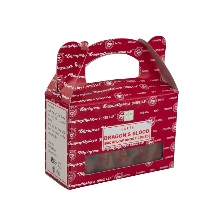 Red box of Satya's Dragon's Blood backflow doop cones on a white background
