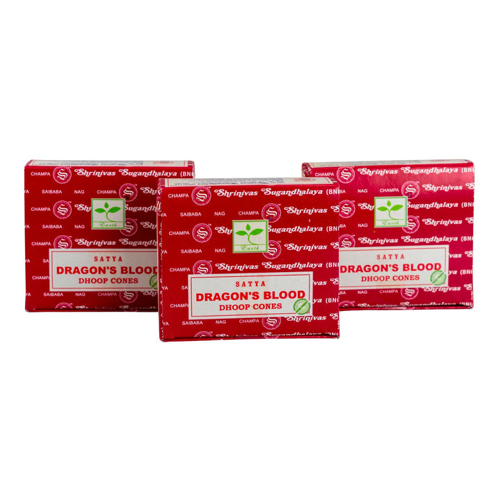 Three boxes of Satya Dragon's Blood Dhoop Cones on a white background