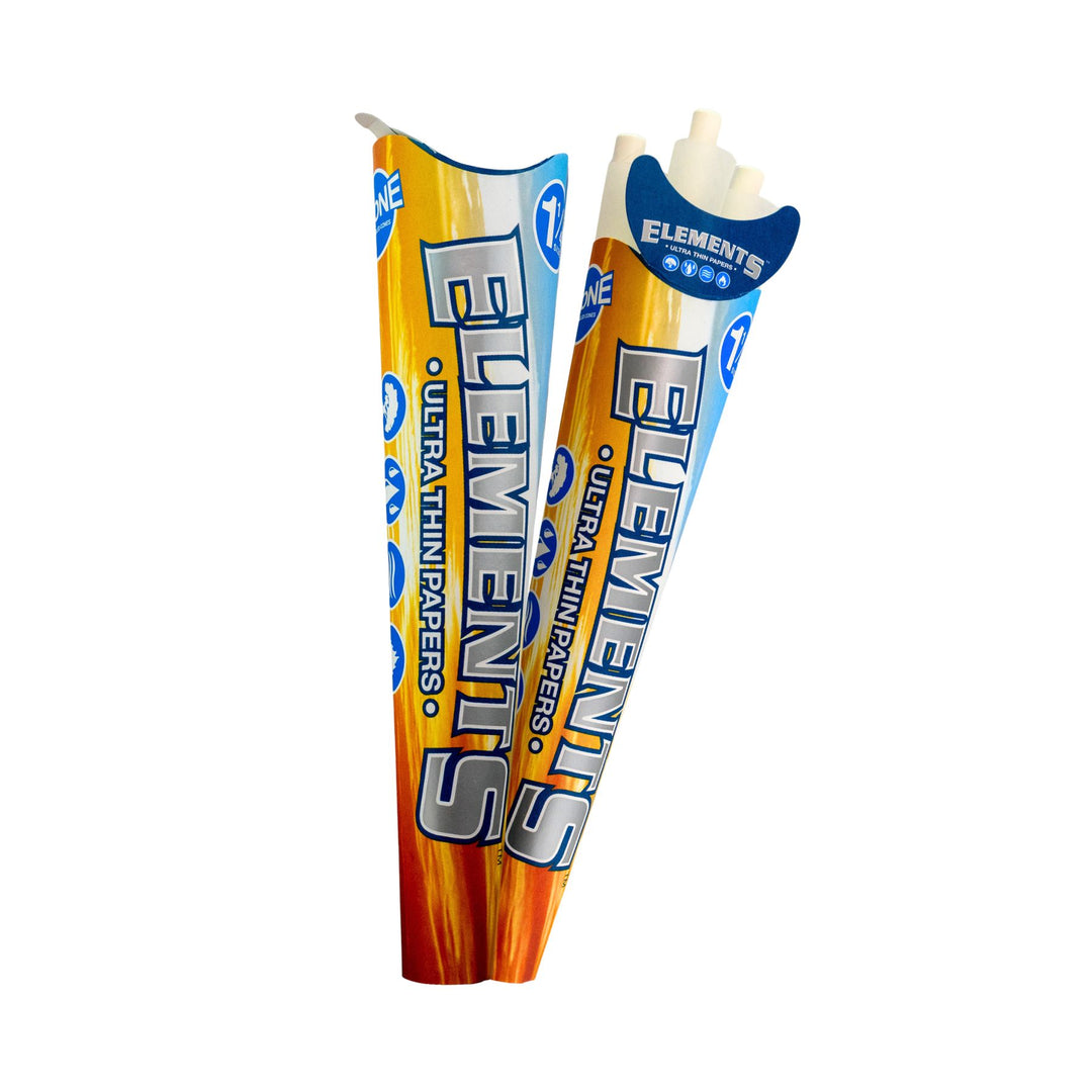 "Two packs of Elements  1 ¼  Rice Paper Cones, one sealed and the other slightly open to reveal some of the papers and packing sticks," - Up N Smoke.