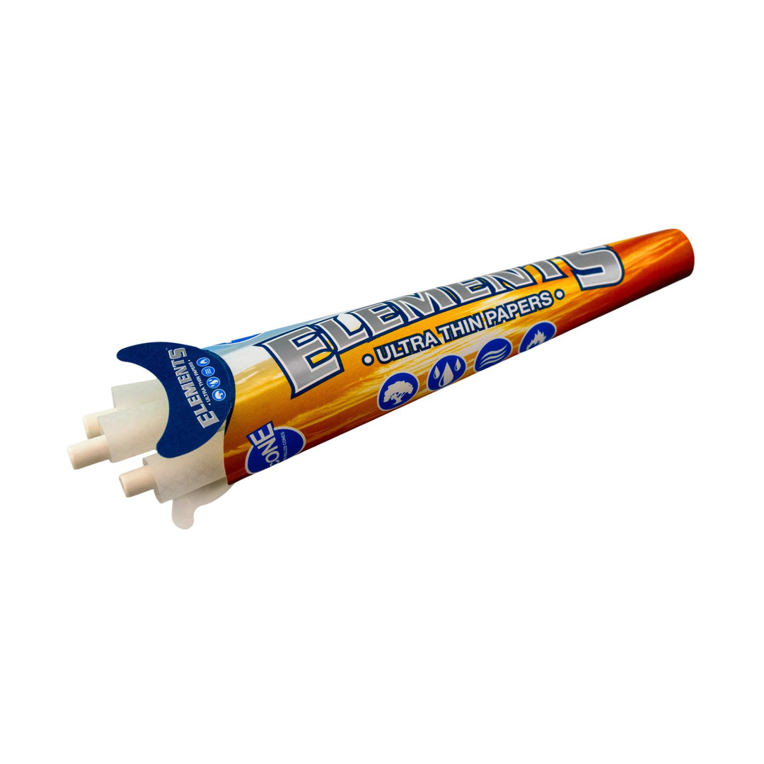 "Tube of Elements  1 ¼  Rice Paper Cones that is slightly open, showing some of the papers and packing tools on a white background," - Up N Smoke.