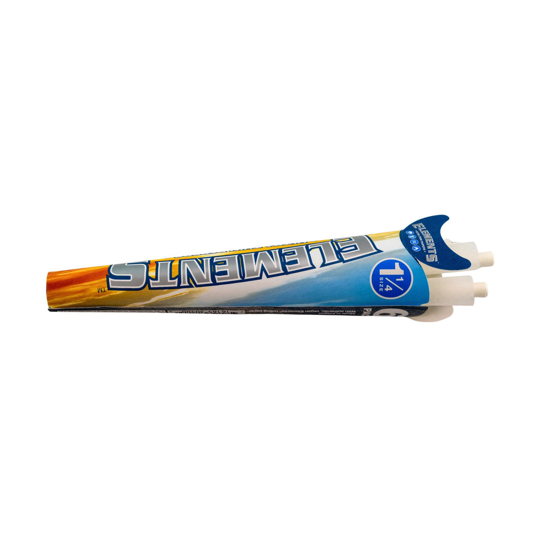 "Right side of a tube of Elements  1 ¼  Rice Paper Cones that is slightly open to reveal some of the papers and packing tools within," - Up N Smoke.