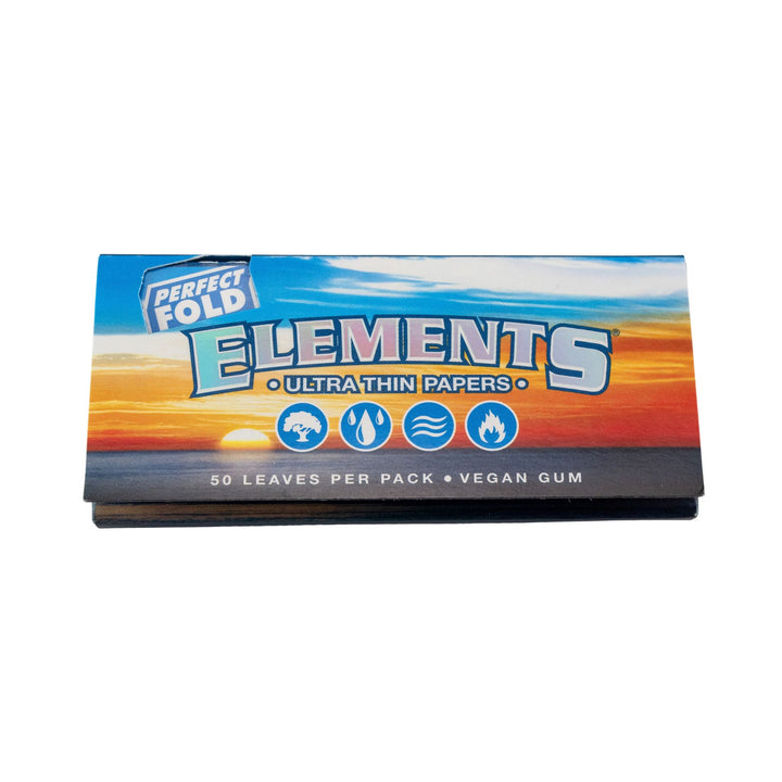 "Pack of Elements Ultra Thin Perfect Fold Papers that come with 50 leaves per pack and are lined with vegan gum for the ultimate rolling experience," - Up N Smoke.