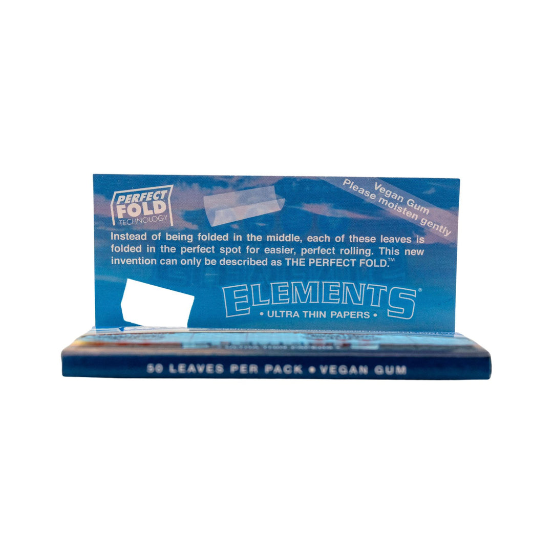 "Open pack of Elements Ultra Thin Perfect Fold Papers that comes with 50 leaves per pack and are lined with vegan gum," - Up N Smoke.