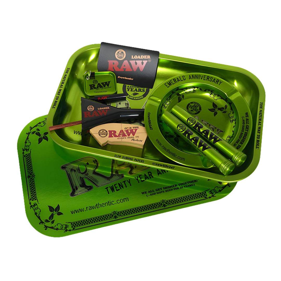 "Emerald RAW 20th Anniversary Kit that includes a rolling tray, doob tubes, cone tips, cone loader, and more," - Up N Smoke.