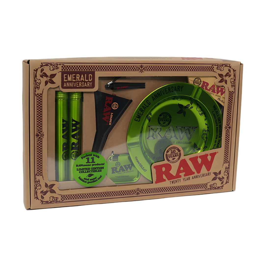 "Box of the Emerald 20th Anniversary Kit by RAW on a white background," - Up N Smoke.