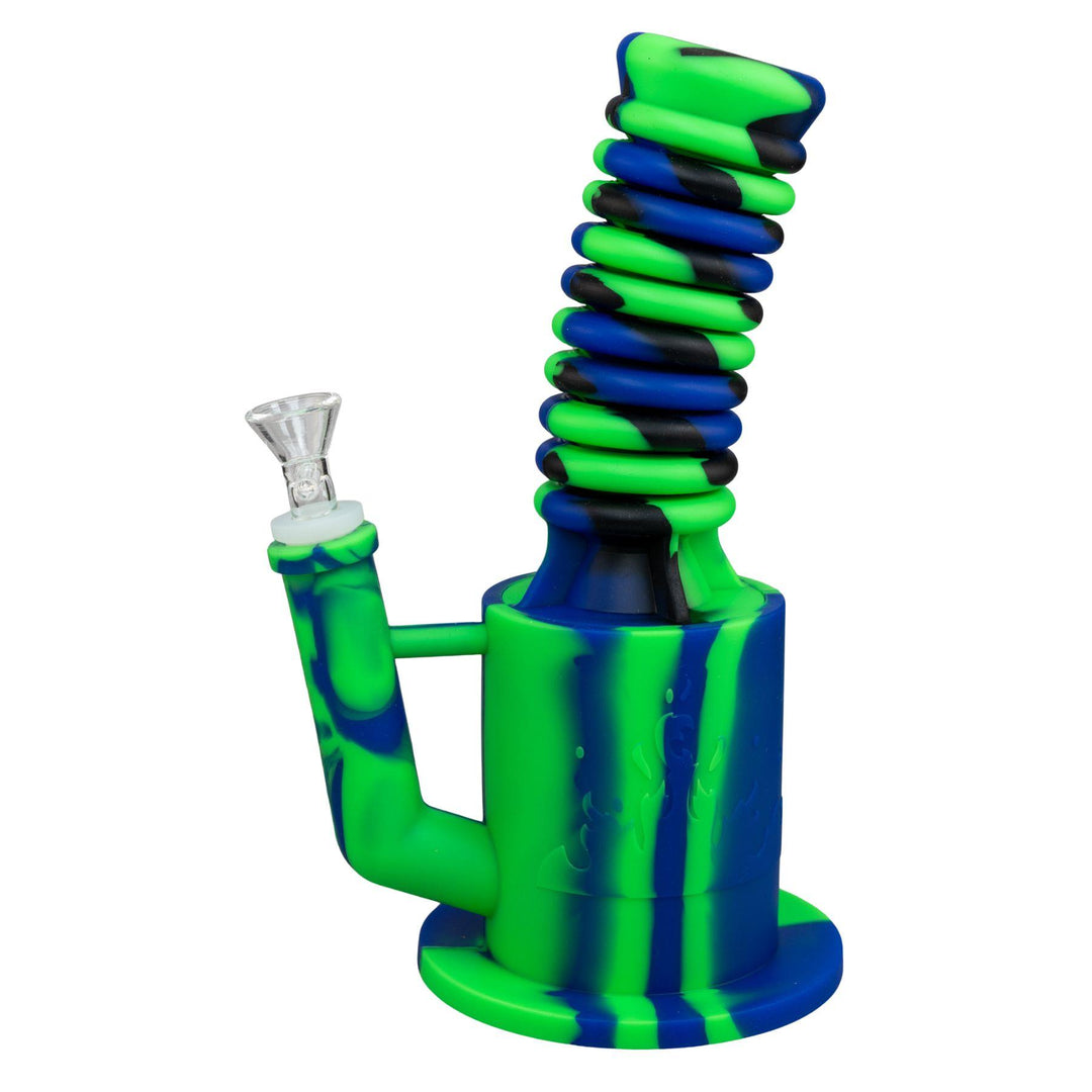 "Colorful Expandable Silicone Water Pipe that is 9 inches when compressed and 16 inches when extended," - Up N Smoke.