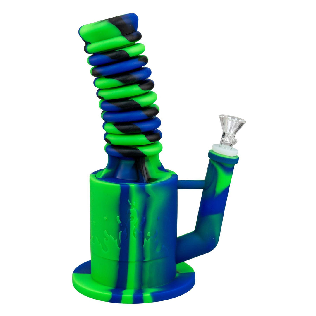 "Right-side view of a green and blue Expandable Silicone Water Pipe on a white background," - Up N Smoke.