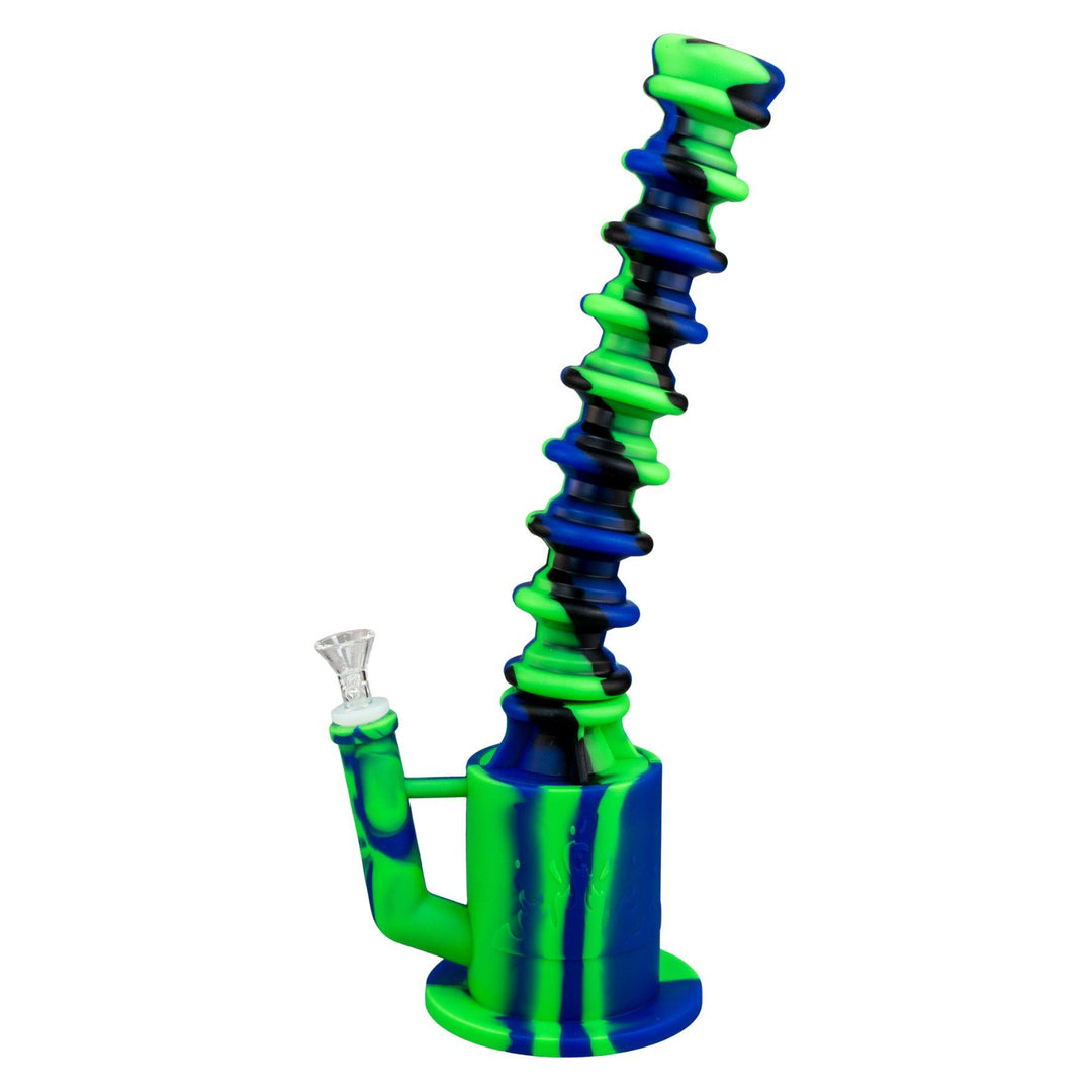 "Green and blue Expandable Silicone Water Pipe that is fully extended and 16 inches tall," - Up N Smoke.