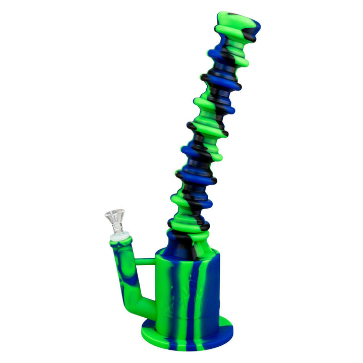 "Green and blue Expandable Silicone Water Pipe that is fully extended and 16 inches tall," - Up N Smoke.