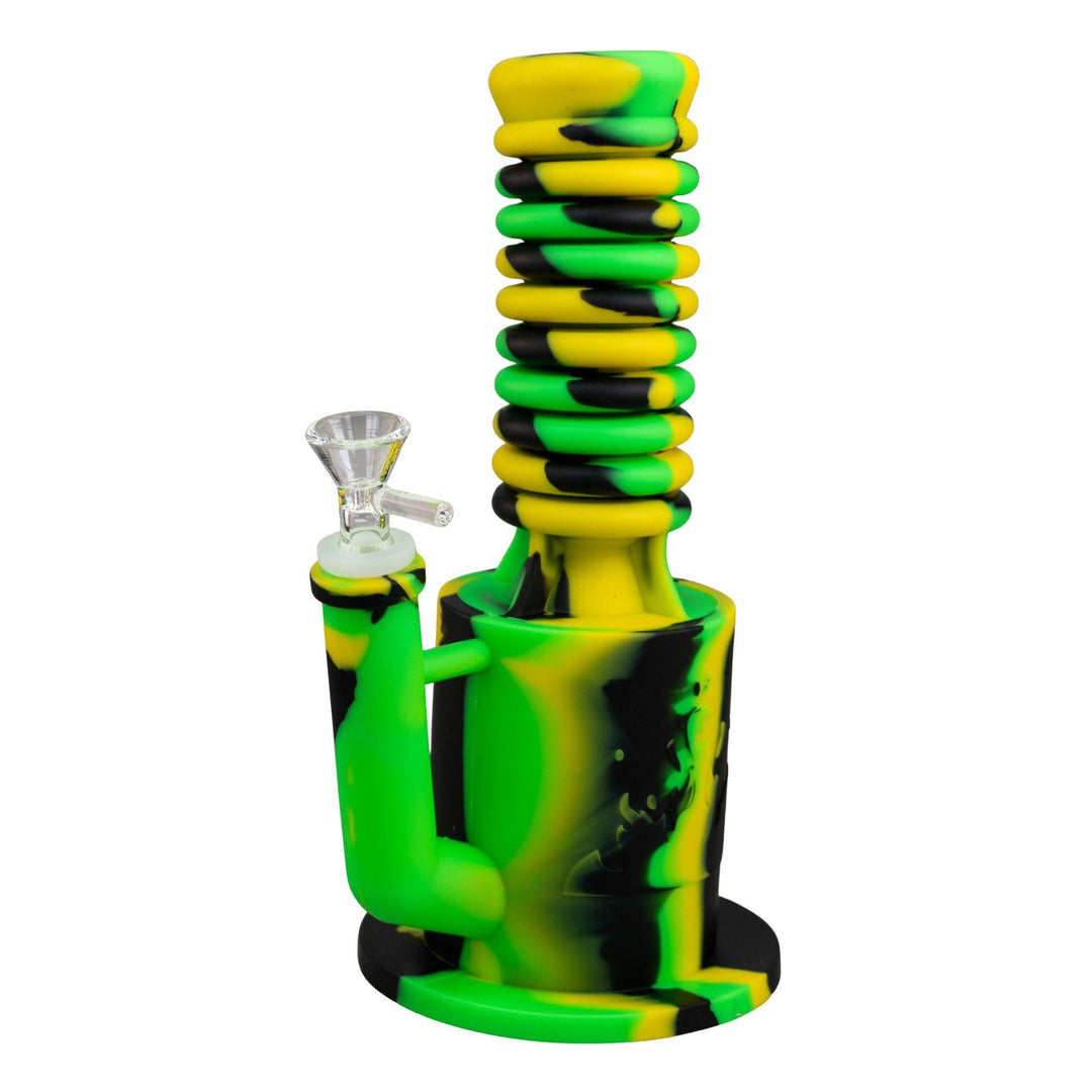 "Green and yellow Expandable Silicone Water Pipe on a white background," - Up N Smoke.