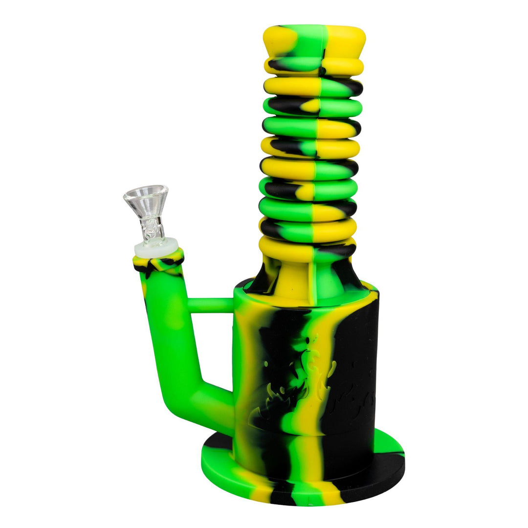 "Left-side view of a green and yellow Expandable Silicone Water Pipe on a white background," - Up N Smoke.
