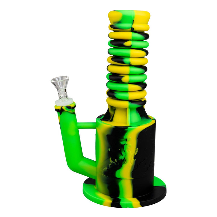 "Left-side view of a green and yellow Expandable Silicone Water Pipe on a white background," - Up N Smoke.