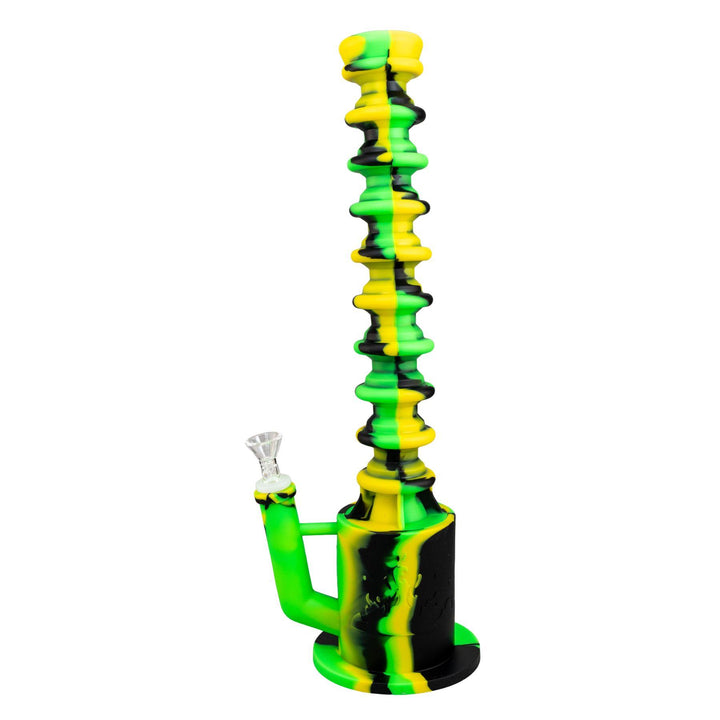 "Green and yellow Expandable Silicone Water Pipe fully extended at 16 inches tall on a white background," - Up N Smoke.