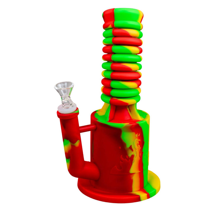 "Rasta-colored Expandable Silicone Water Pipe on a white background," - Up N Smoke.