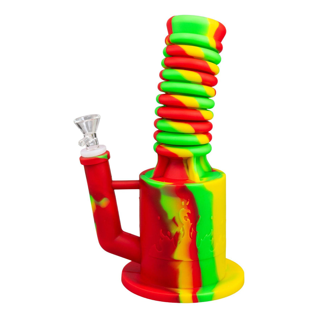 "Left-side view of a red, yellow, and green Expandable Silicone Water Pipe that is 9 inches when compressed and 16 inches when fully extended," - Up N Smoke.
