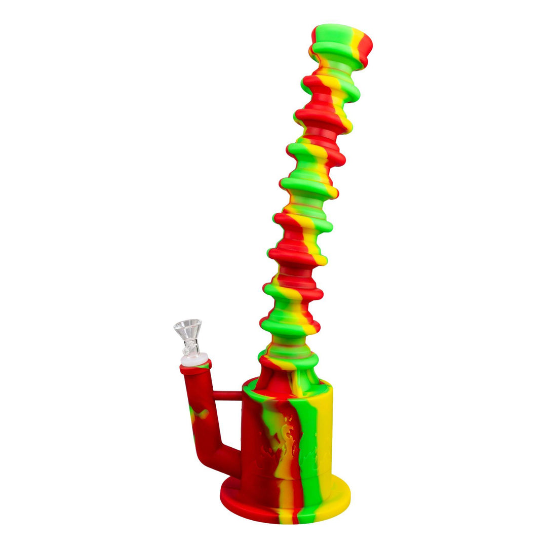 "Fully extended Expandable Silicone Water Pipe in the color variation Rasta on a white background," - Up N Smoke.