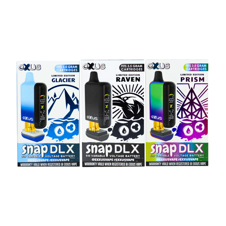 "Three Exxus snap DLX vape packages with different designs and colors on a white background," - Up N Smoke.