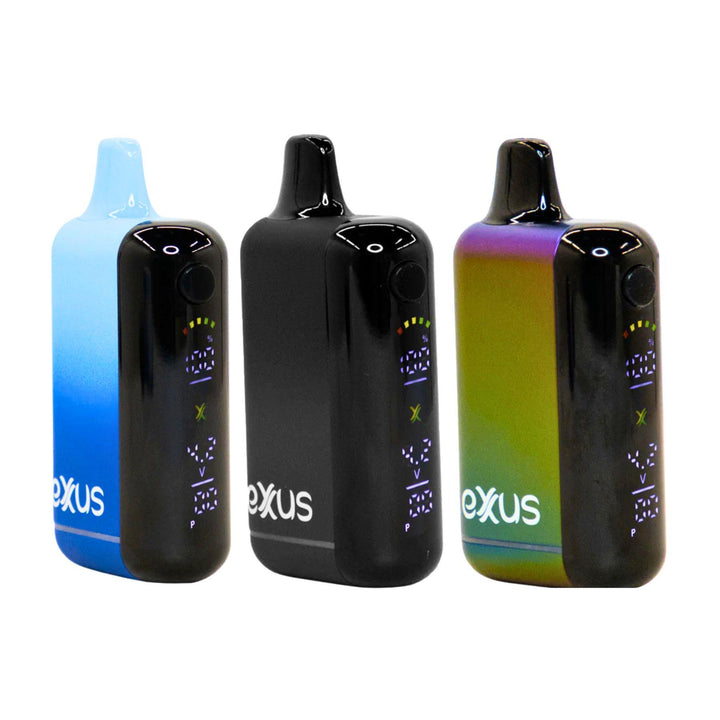 "Three Exxus Snap DLX devices in blue glacier, raven black, and prism on a white background," - Up N Smoke.