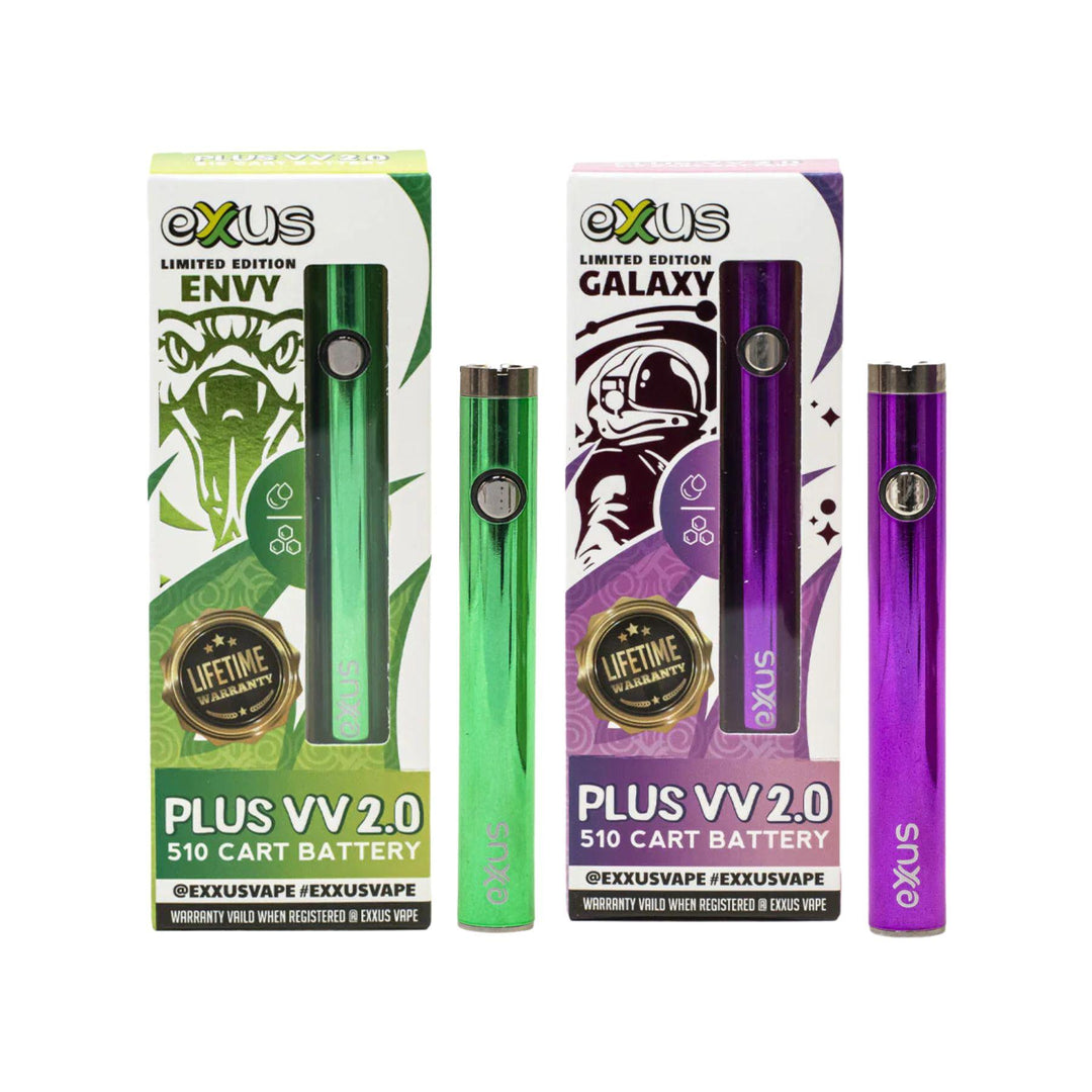 "Two Exxus Plus VV 2.0 Vaporizer Cartridge Batteries in the colors Envy and Galaxy with their packaging on a white background," - Up N Smoke.