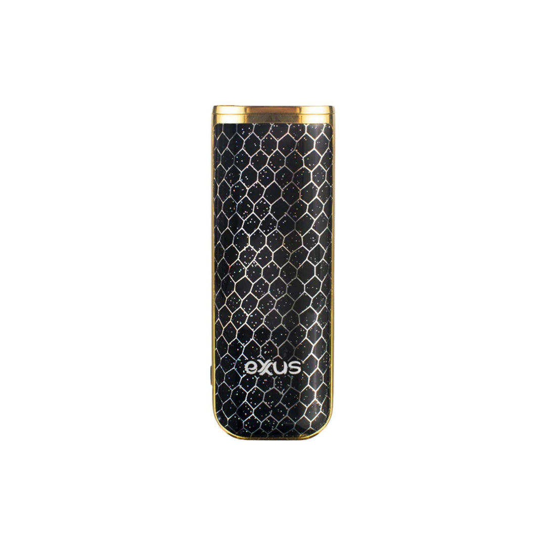 "Black and gold electronic vaporizer with 'Exxus' branding on a white background," - Up N Smoke.