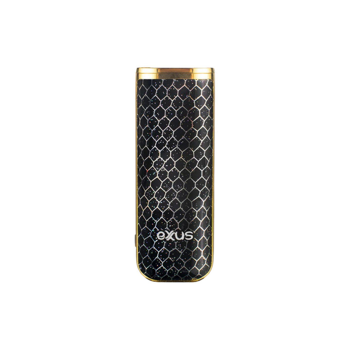 "Black and gold electronic vaporizer with 'Exxus' branding on a white background," - Up N Smoke.