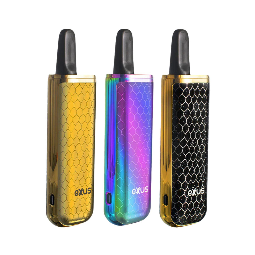 "Three Exxus vape devices in different colors on a white background," - Up N Smoke.