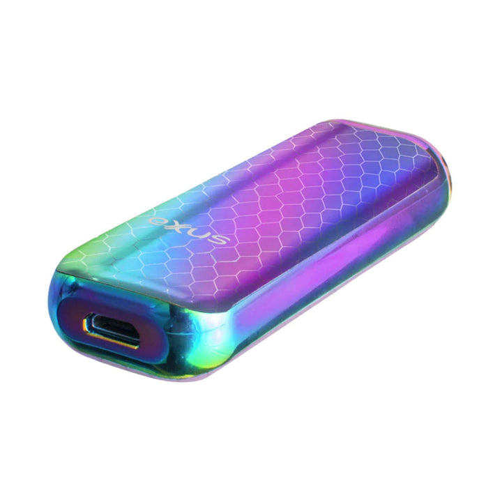 "A colorful Exxus Minovo Cartridge Battery laid diagonally to showcase its USB-C port on a white background," - Up N Smoke.