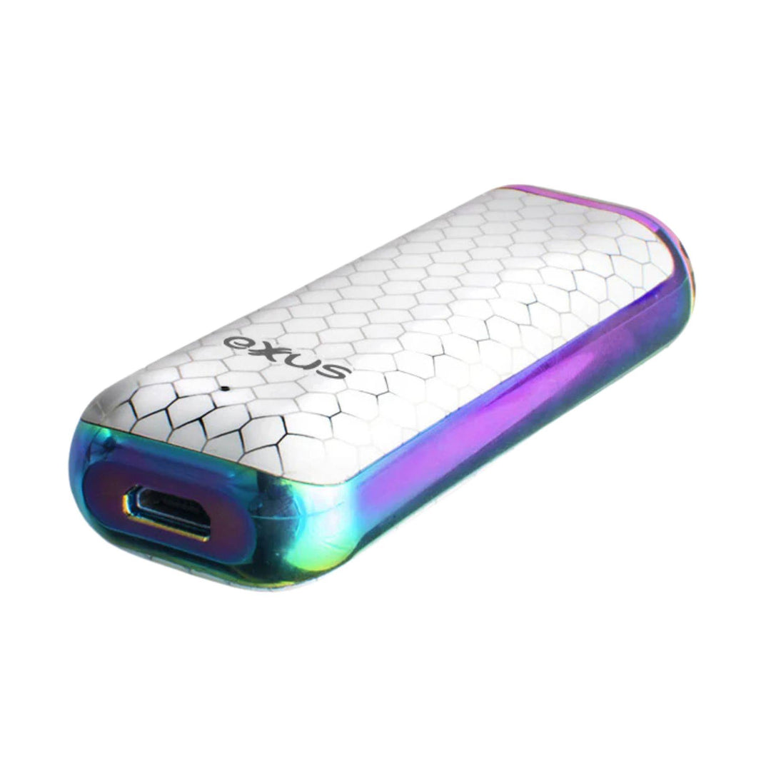 "A colorful vape device made by Exxus, laid diagonally to showcase the USB-C port," - Up N Smoke.