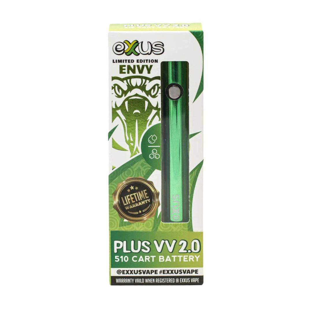 "Exxus Envy Plus VV 2.0 vape battery packaging in the color Envy green on a white background," - Up N Smoke.