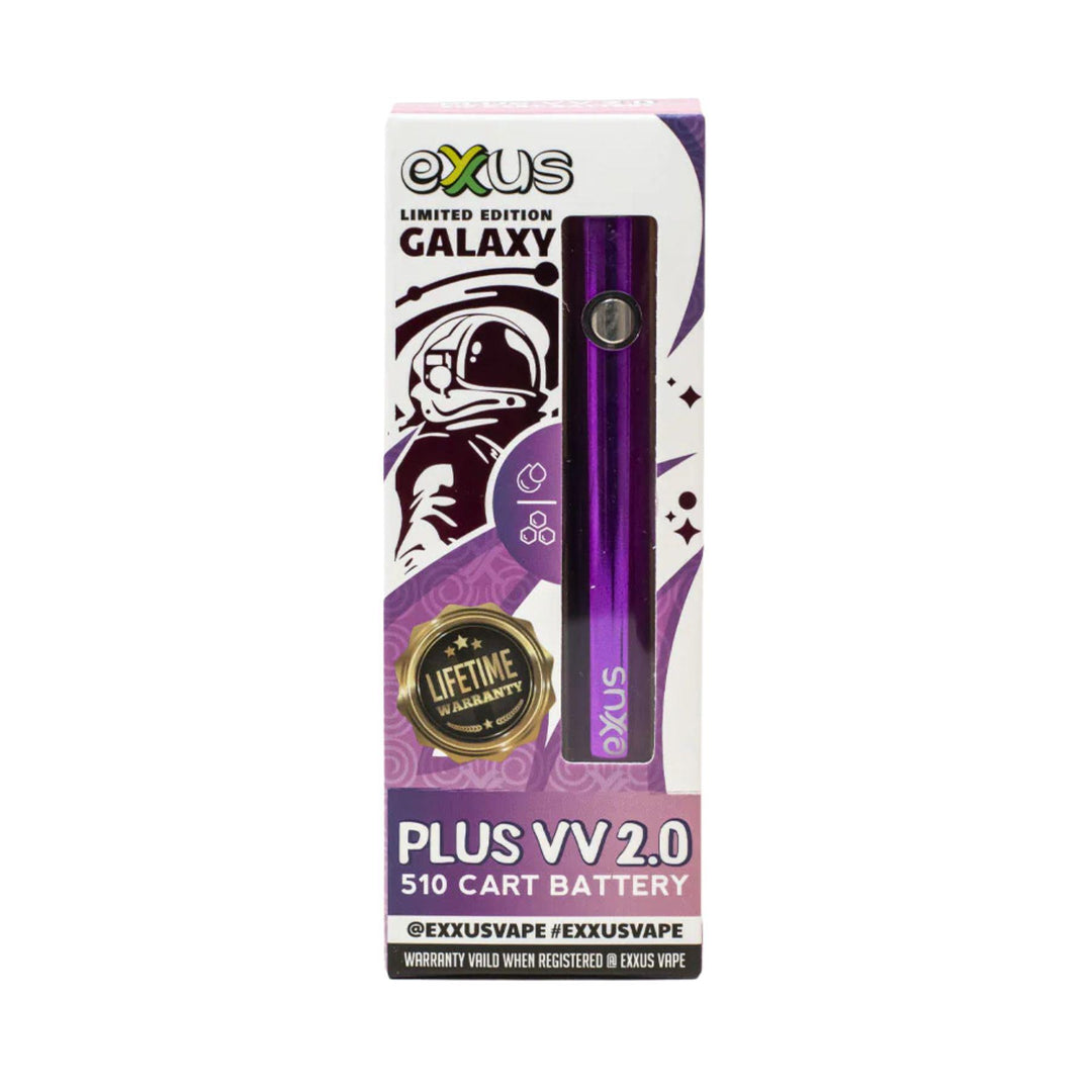 "Exxus Plus VV 2.0 vape battery packaging with purple streaks and an astronaut design," - Up N Smoke.