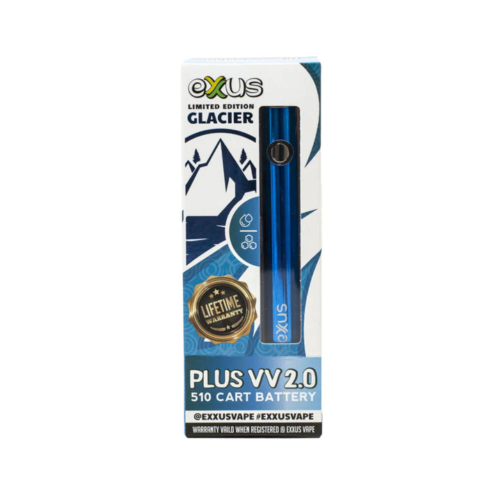"Glacier blue Exxus Plus VV 2.0 vape battery packaging with a blue and white design on a white background," - Up N Smoke.