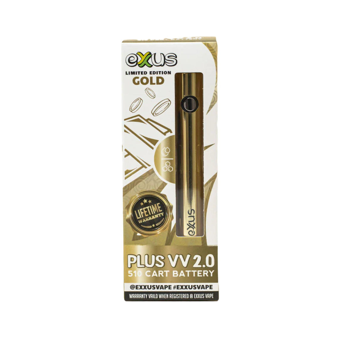 "The box of an Exxus Plus VV 2.0 510 Thread Cartridge Battery in the color gold. There is a small viewing window showing the product next to designs of gold bars and coins," - Up N Smoke.