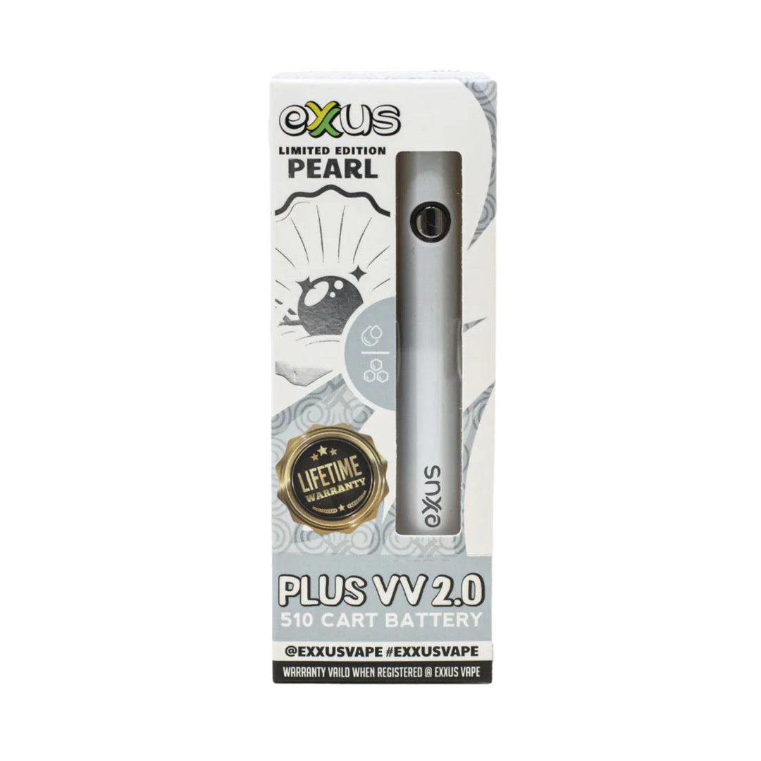 "Exus Plus VV 2.0 vape battery packaging in the color Pearl on a white background," - Up N Smoke.